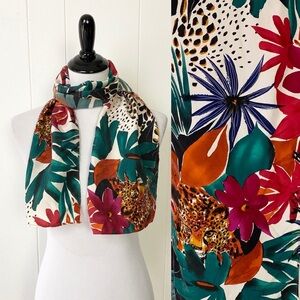 Vintage Silk Scarf Jungle Leopard Floral Tropical Floral Print Multicolor 53X10”